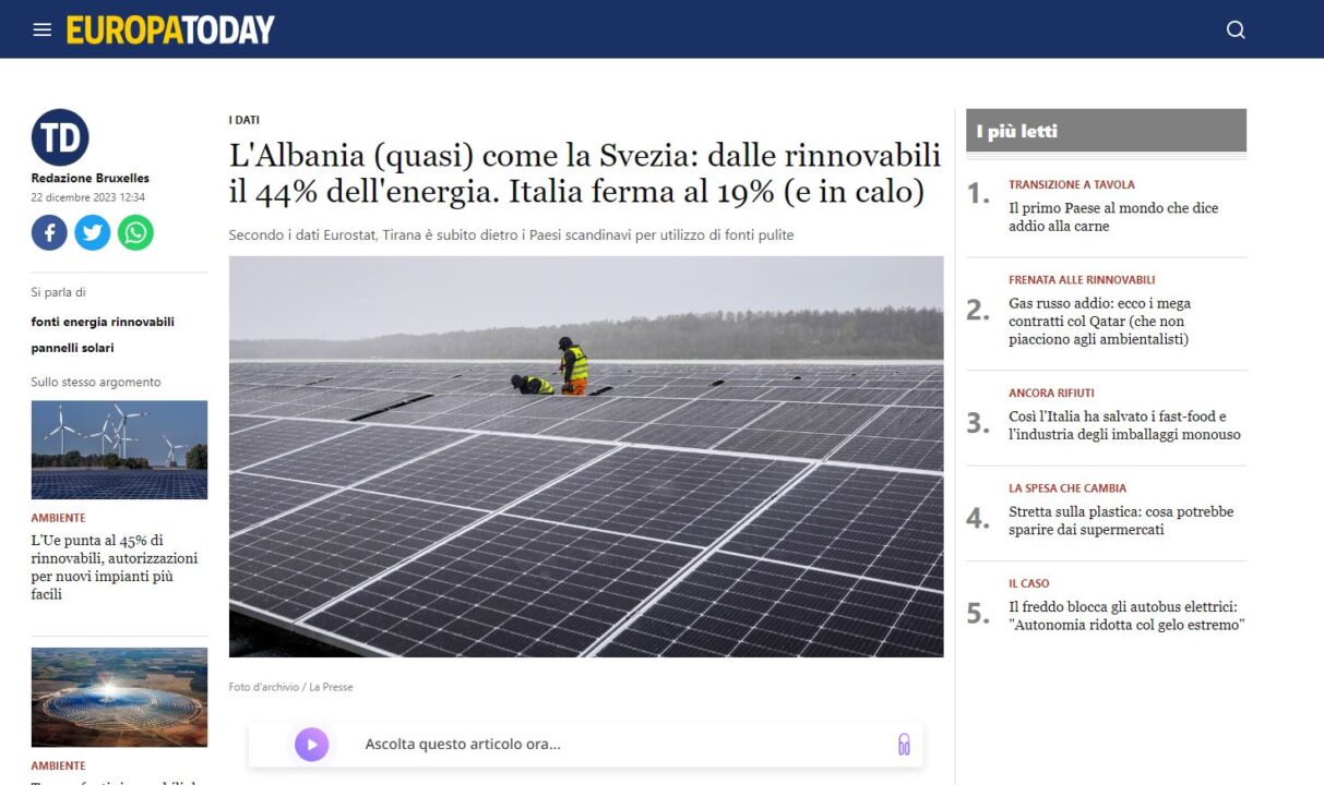 , Suksesi me energjinë e rinovueshme, media italiane krahason Shqipërinë me Suedinë: Përmbush direktivat e BE-së