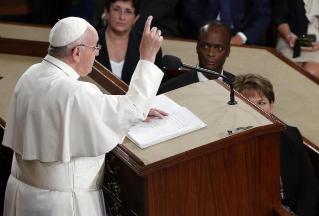 Pope Francis addresses a joint meeting of Congress on Capitol Hill in Washington, Thursday, Sept. 24, 2015, making history as the first pontiff to do so. (ANSA/AP Photo/Evan Vucci)