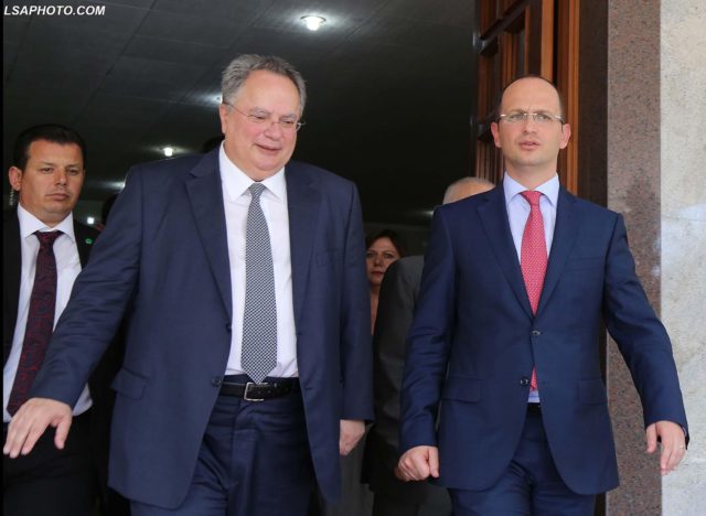 Ministri i Jashtem i Greqise, Nikos Kotzias, gjate nje takimi me Ministrin e Jashtem Ditmir Bushati. Kotzias ndodhet per nje vizite zyrtare ne Tirane./r/n/r/nGreek Foreign Minister Nikos Kotzias meets with Albanian Foreign Minister Ditmir Bushati, during their meeting in Tirana on July 15, 2015. AFP PHOTO/GENT SHKULLAKU
