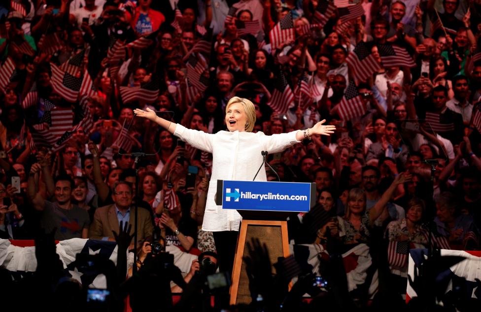 Hillary Clinton arrives to speak during her California primary night rally held in Brooklyn. Clinton declared herself the Democratic Party nominee, saying she had made history as the first woman to lead a major party in a race for the White House. REUTERS/Lucas Jackson